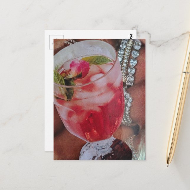 Elegant Rose Drink and Jewels Mixed Media Collage  Postcard (Front/Back In Situ)