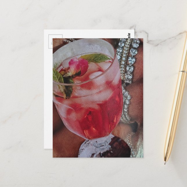 Elegant Rose Drink and Jewels Mixed Media Collage  Postcard (Front/Back In Situ)