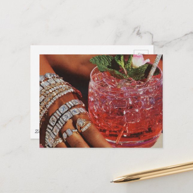 Elegant Rose Drink and Many Jewels Collage  Postcard (Front/Back In Situ)