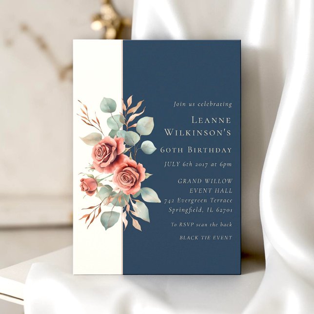 Elegant Rose Eucalyptus 60th Birthday Navy Invitation (Creator Uploaded)