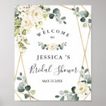 Elegant Rose Eucalyptus Bridal Shower Welcome Sign<br><div class="desc">Welcome guests to your wedding with  White Roses Floral Greenery Bridal Shower Welcome Poster,  featuring lush watercolor botanical greenery and white flowers,  with "welcome to our happily ever after, " your names,  and wedding date in a chic mix of modern block and hand lettered calligraphy typefaces.</div>