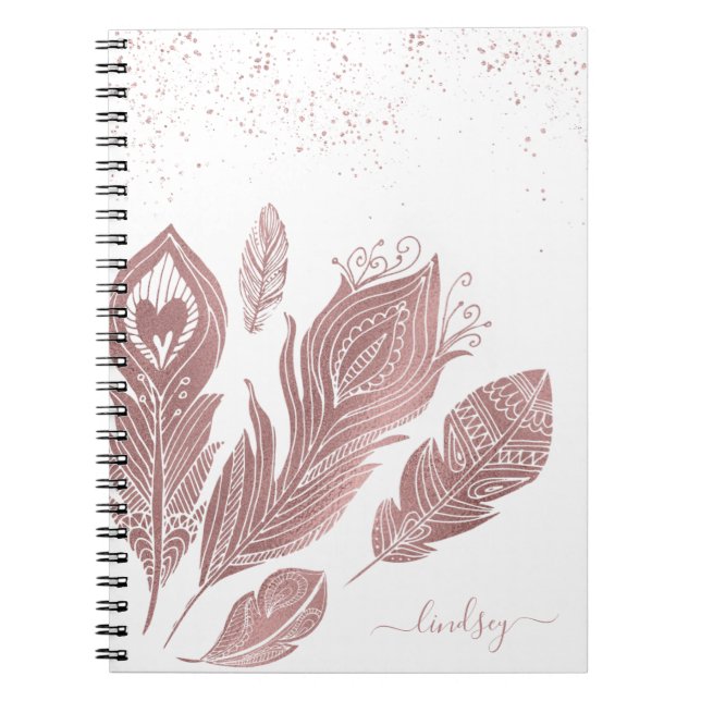 Elegant Rose Faux Glitter Feather Personalized Notebook (Front)