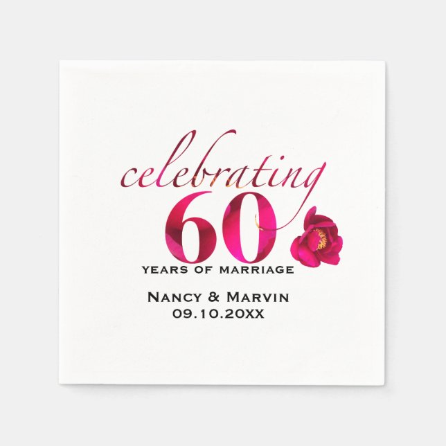 Elegant rose floral 60th Anniversary name date Napkins (Front)