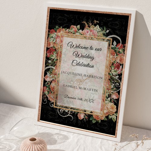 Elegant Rose Floral Black Blush Welcome Wedding Poster