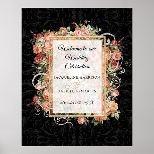 Elegant Rose Floral Blush Black Welcome Wedding Poster