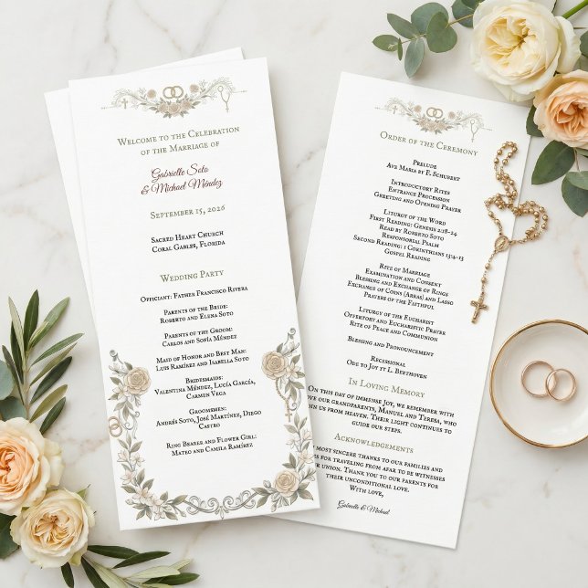 Elegant Rose Floral Catholic Wedding Ceremony  Program (Creator Uploaded)