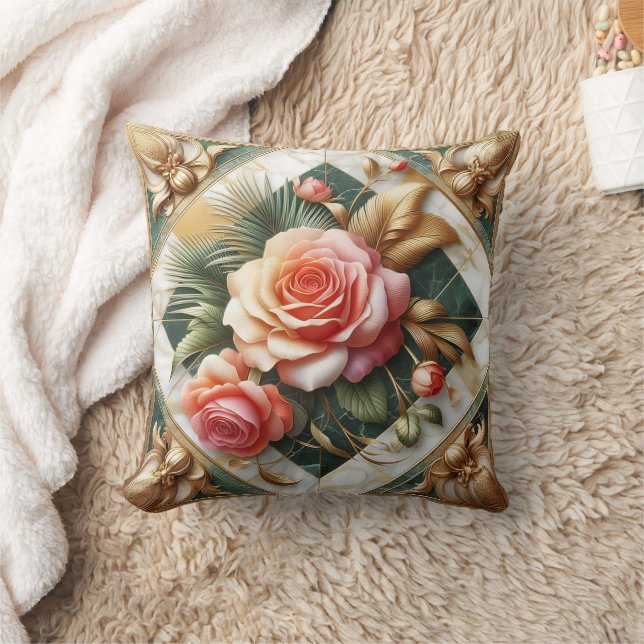 Elegant Rose Floral Design With Gold Accents Throw Pillow (Blanket)