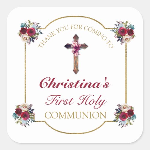 Elegant Rose Floral Gold 1st Communion Thank You Square Sticker