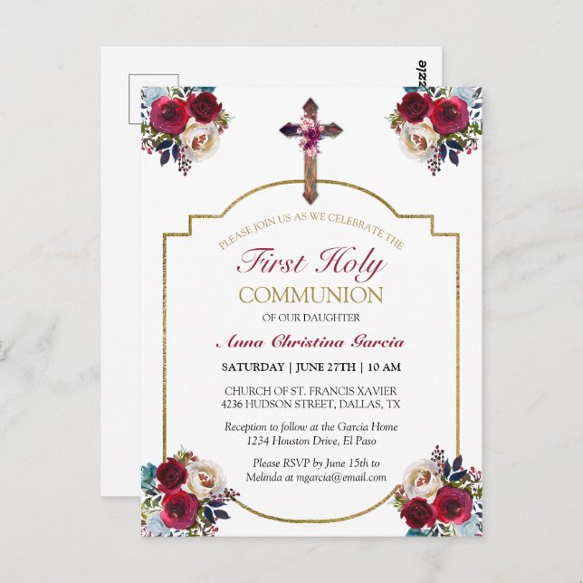 Elegant Rose Floral Gold First Holy Communion Postcard (Front/Back)