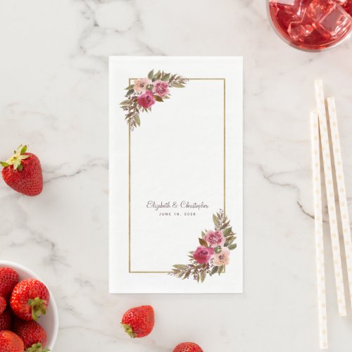 Elegant Rose Floral Gold Metallic Wedding White Paper Guest Towels