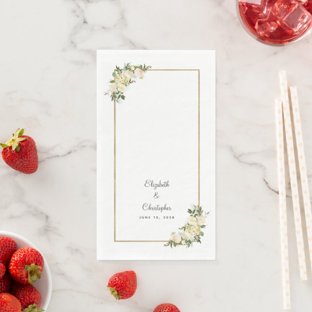 Elegant Rose Floral Gold Metallic Wedding White Paper Guest Towels (Insitu)