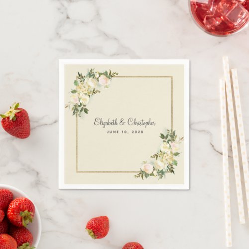 Elegant Rose Floral Gold Wedding Couple Cocktail Napkins