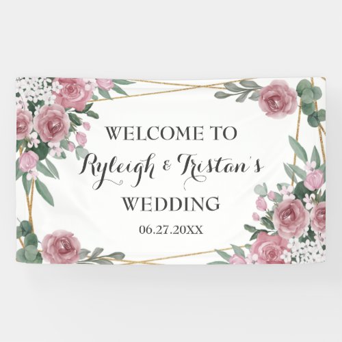 Elegant Rose Floral Greenery Gold Wedding Backdrop Banner