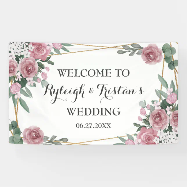 Elegant Rose Floral Greenery Gold Wedding Backdrop Banner | Zazzle