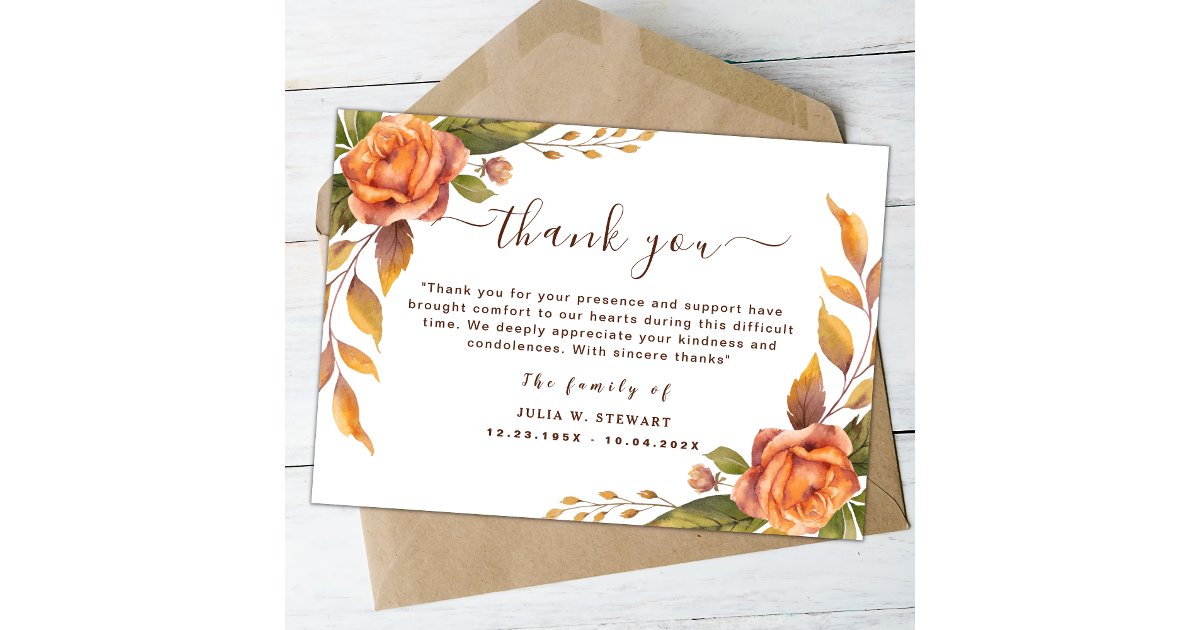 Elegant Rose Floral Modern Funeral Thank You Note Card | Zazzle