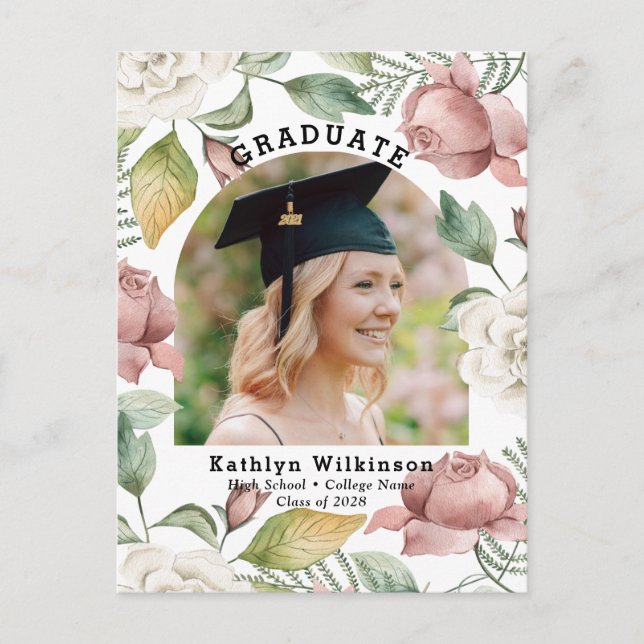 Elegant Rose Floral Photo Graduation Announcement Postcard (Front)