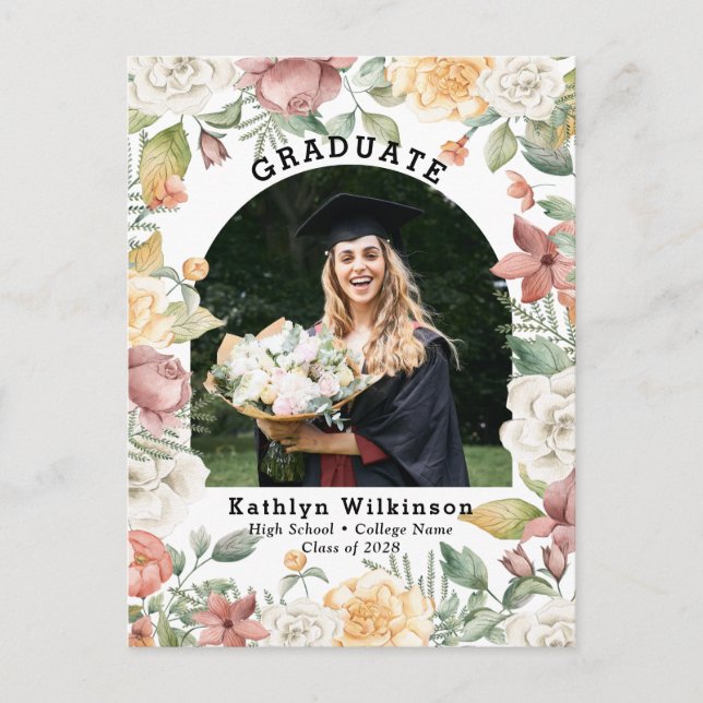 Elegant Rose Floral Photo Graduation Announcement  Postcard (Front)