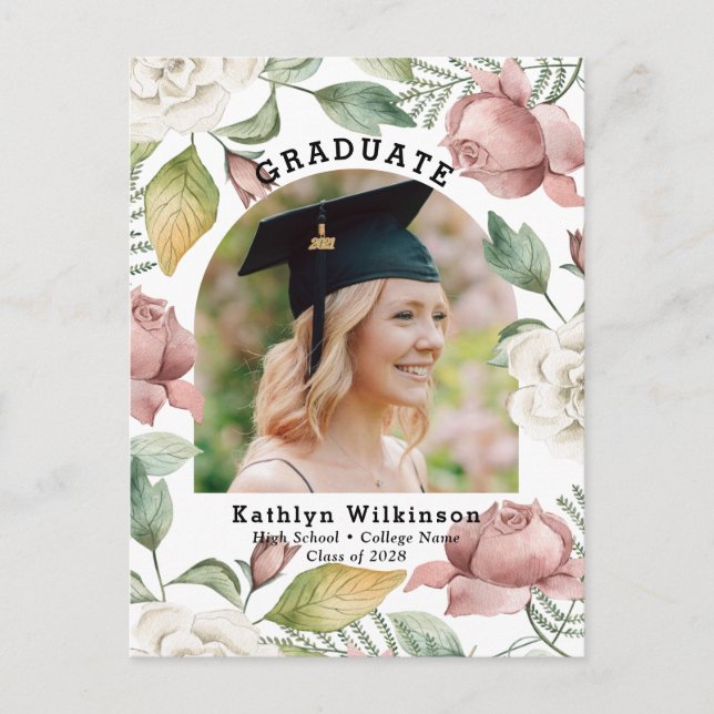 Elegant Rose Floral Photo Graduation Invitation Postcard (Front)