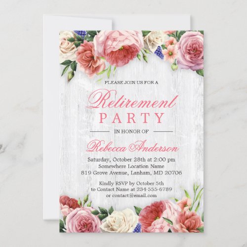 Elegant Rose Floral Rustic Wood Retirement Party Invitation