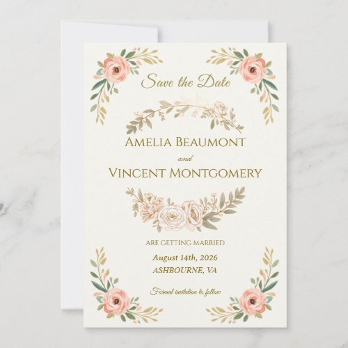 Elegant Rose Floral Watercolor Save the Date Card