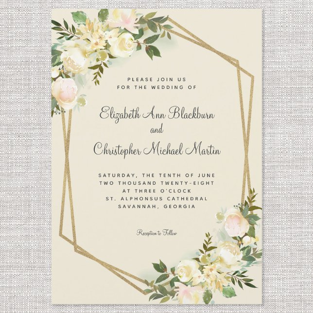 Elegant Rose Floral Wedding Gold Frame Eggshell Invitation (Creator Uploaded)