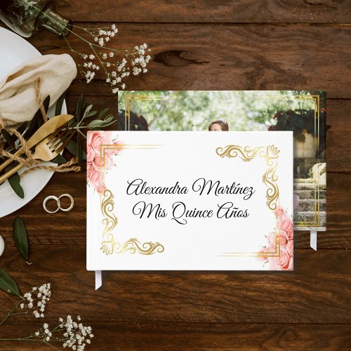 Elegant Rose Floral White Gold Frame Quincea&#241;era Guest Book