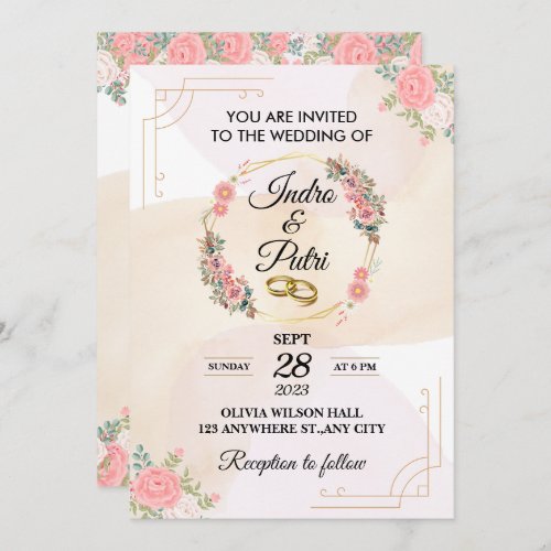 Elegant Rose Floral with Modern Gold Frame Wedding Invitation