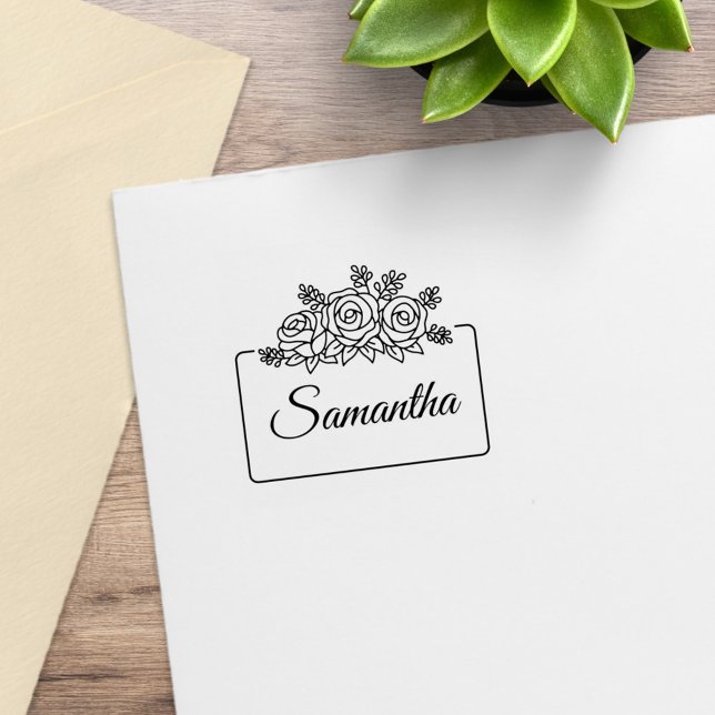 Elegant Rose Flowers Bouquet Frame Custom Name 1x1 Rubber Stamp (Creator Uploaded)