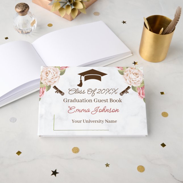Elegant Rose Flowers Graduation Customizable Foil Guest Book (Front Open)