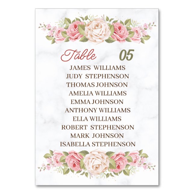 Elegant Rose Flowers Personalized Wedding Table Number (Front)