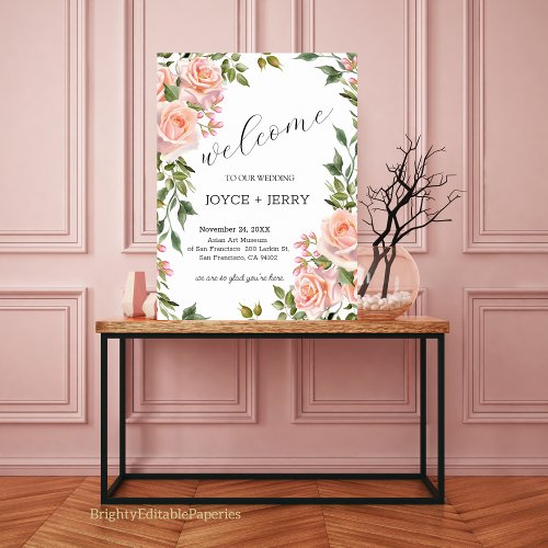 Elegant Rose Flowers Wedding Welcome Sign