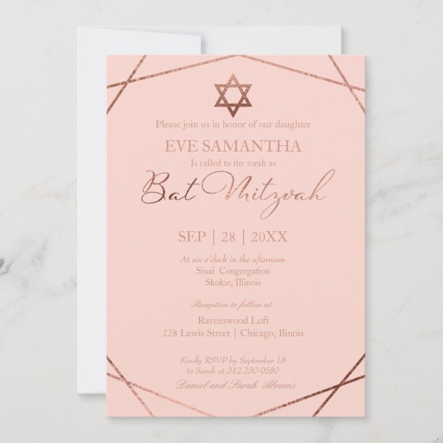 Elegant Rose Foil Geometric Bat Mitzvah Invitation (Front)