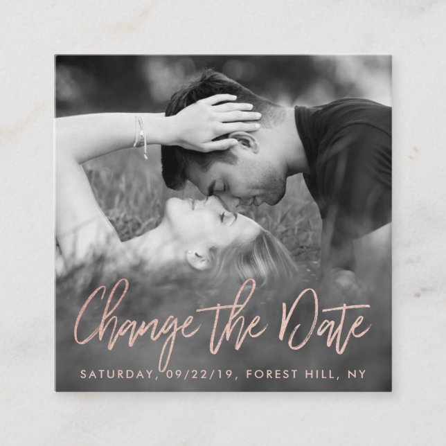 Elegant Rose Foil Script Photo Change The Date Enclosure Card (Front)