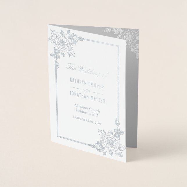 Elegant Rose Frame Silver Foil Wedding Program (Front)