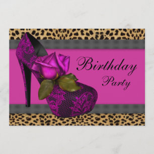 Elegant Rose Fuchsia Hot Pink Leopard Birthday Invitation