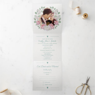 Elegant Rose Garden Floral Wreath Wedding Tri-Fold Invitation