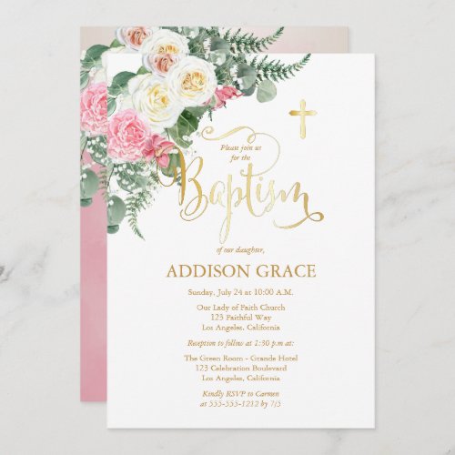 Elegant Rose Garden _ Girl Baptism _ Faux Gold Inv Invitation