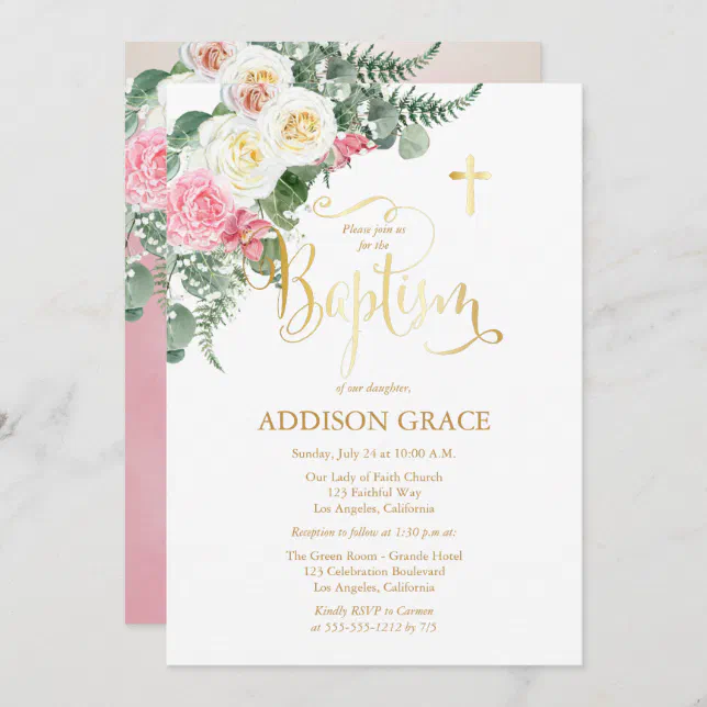 Elegant Rose Garden - Girl Baptism - Faux Gold Inv Invitation | Zazzle