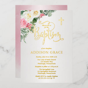 Elegant Rose Garden - Girl Baptism - Gold Foil Invitation