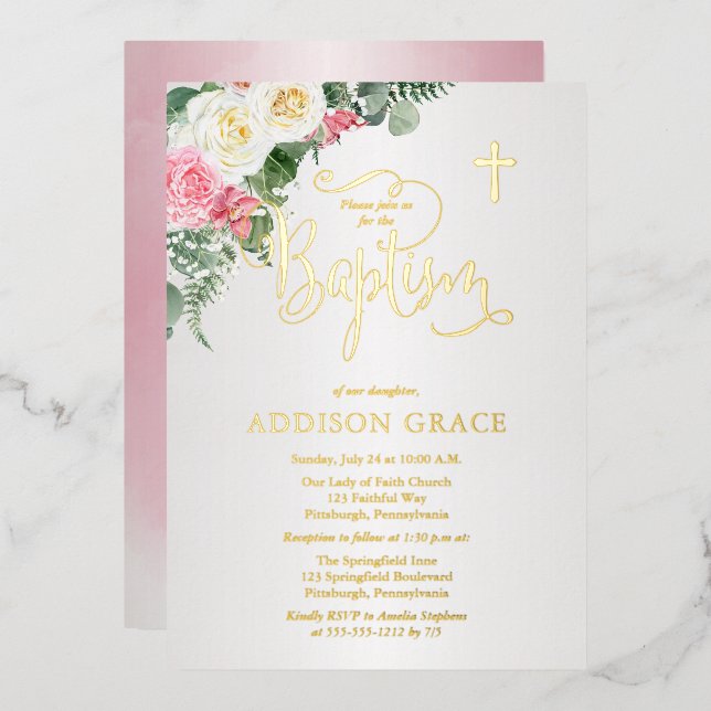 Elegant Rose Garden - Girl Baptism - Gold Foil Invitation (Front/Back)