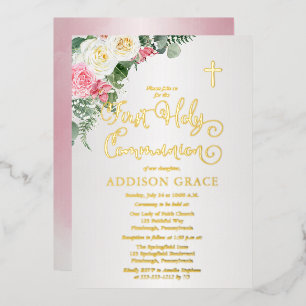 Elegant Rose Garden - Girl First Holy Communion Foil Invitation