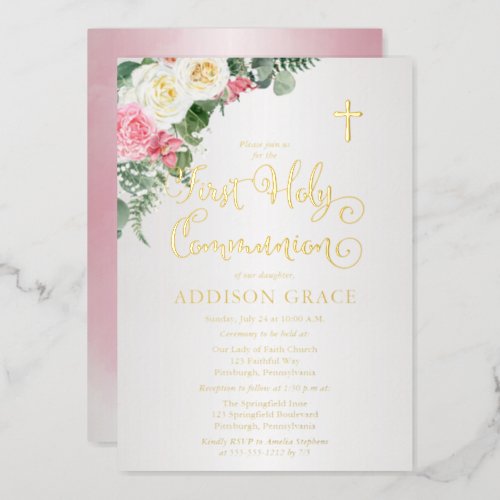 Elegant Rose Garden _ Girl First Holy Communion Foil Invitation