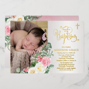 Elegant Rose Garden - Girl Photo Baptism - Gold Foil Invitation