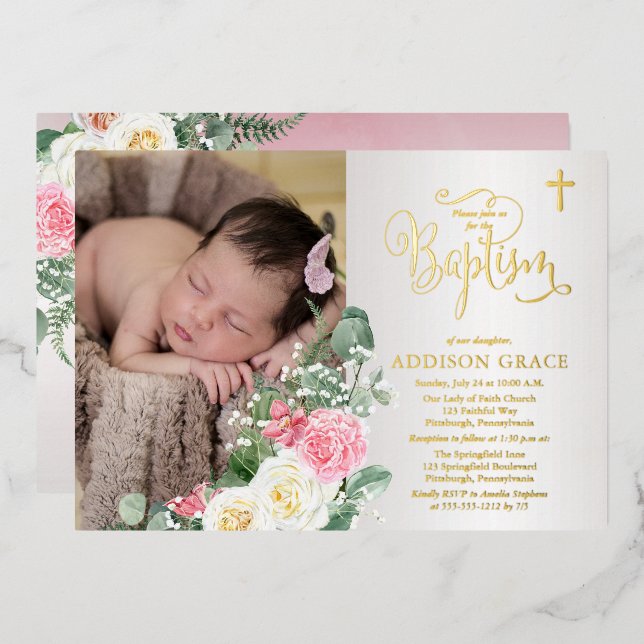 Elegant Rose Garden - Girl Photo Baptism - Gold Foil Invitation (Front/Back)
