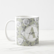 Elegant Rose Garden in Sage Green Monogram Mug