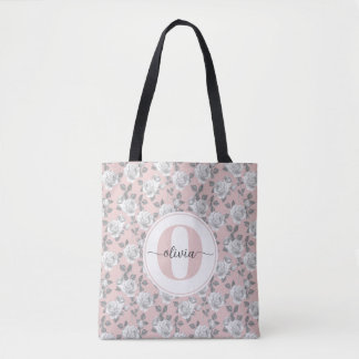Elegant Rose Garden Monogram Pink Tote Bag