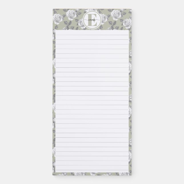 Elegant Rose Garden Monogram Sage Green Magnetic Notepad (Front)