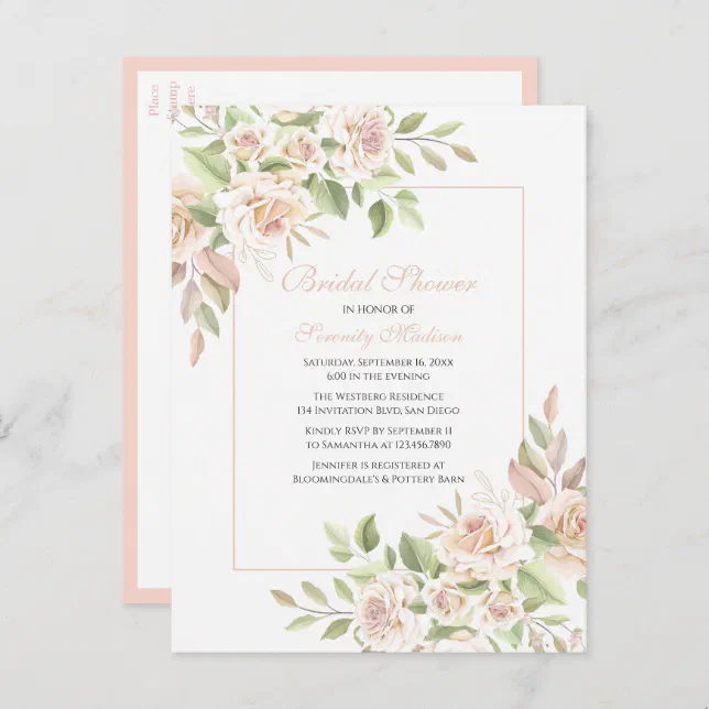 Elegant Rose Garden Pink Floral Bridal Shower Invitation Postcard | Zazzle