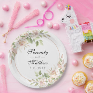 Elegant Rose Garden Pink Floral Wedding Paper Plates