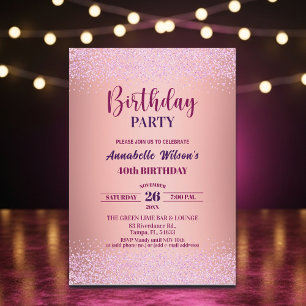 Elegant Rose Glitter Metallic Pink 40th Birthday  Invitation
